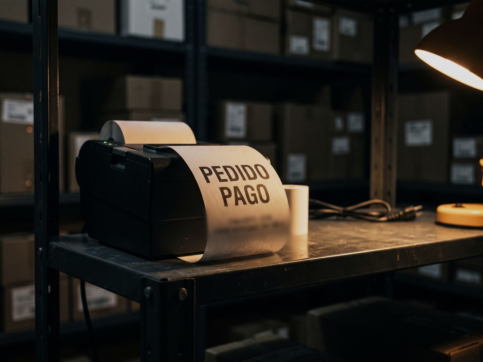 Impressora de pedidos soltando um comprovante escrito pedido pago, num estoque à noite