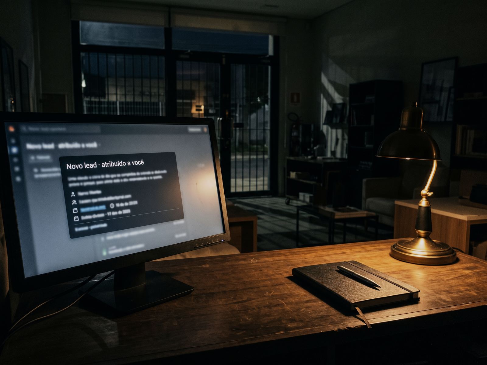 Monitor no balcão de uma loja ainda fechada, mostrando um novo lead atribuído ao vendedor