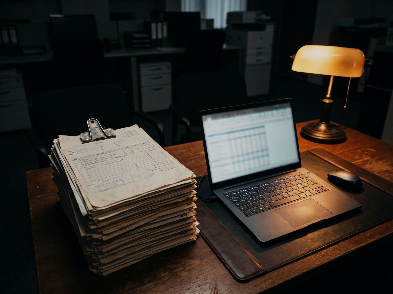 Pilha de notas fiscais ao lado de um notebook com uma planilha preenchida, num escritório vazio