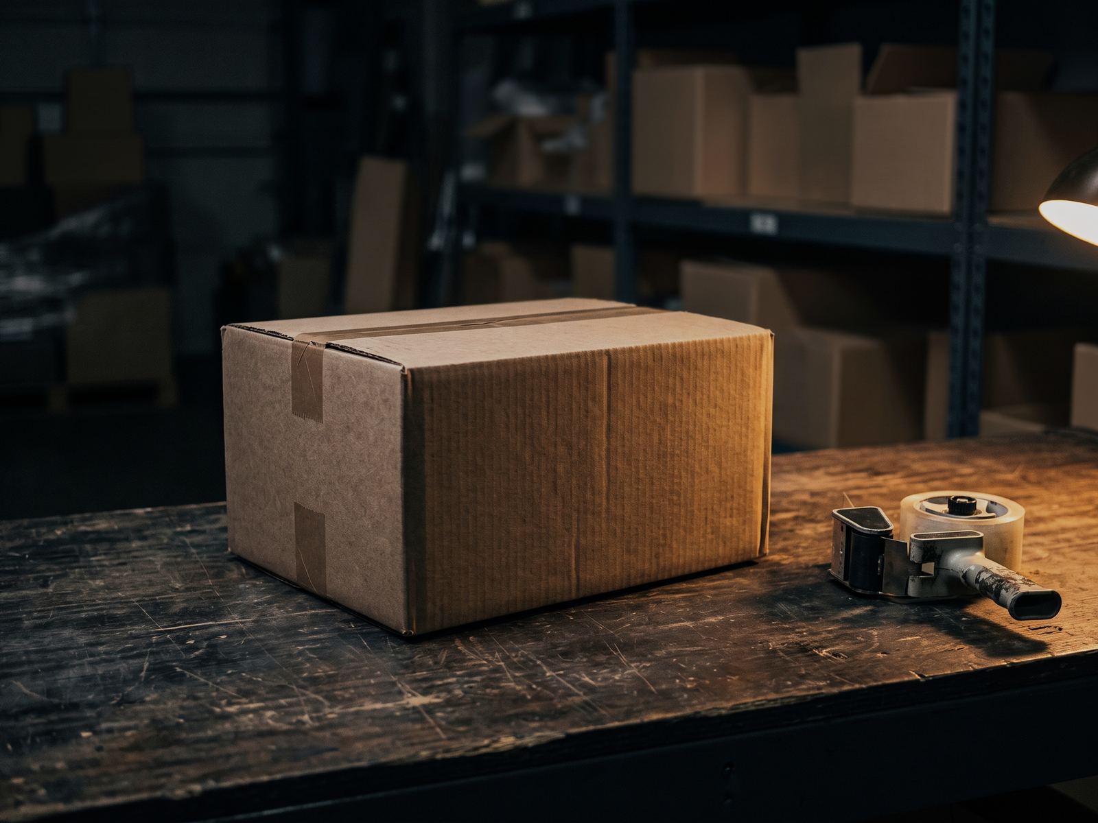 Caixa de papelão lacrada com fita sobre a mesa de expedição, com o aplicador de fita ao lado